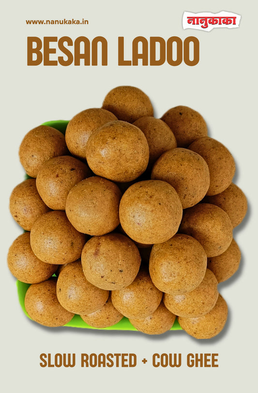 Nanukaka’s Besan Ladoo from Dombivli – slow-roasted besan blended with cow ghee, rava, and cardamom for rich texture and festive flavor, perfect for Diwali and everyday indulgence.