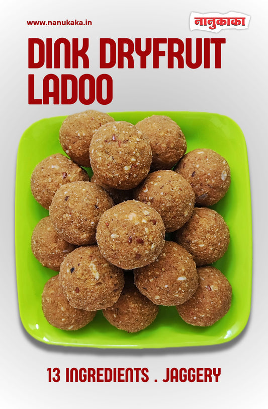 Nanukaka Dryfruit Dink Ladoo from Dombivli – made with dink, ghee & dry fruits. Nourishing for kids, elderly & lactating mothers, supports digestion & strength