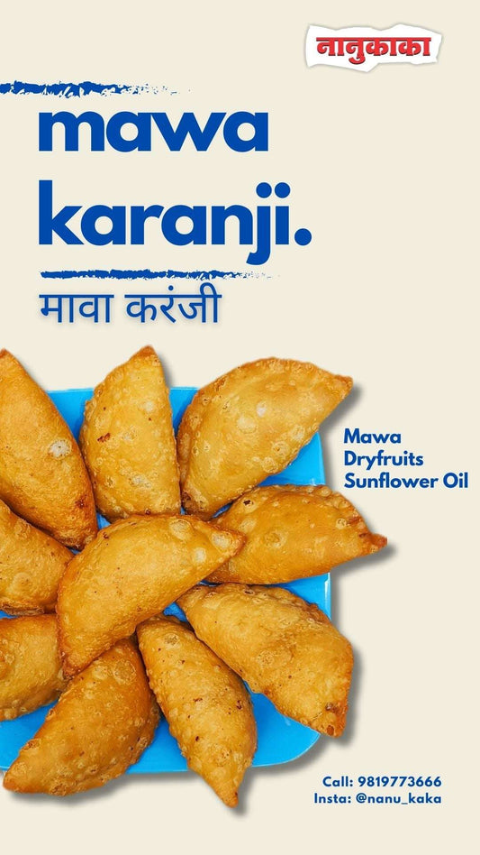 Nanukaka’s Mawa Karanji (Gujiya), a traditional Indian sweet with rich mawa and dry fruits, crispy and handmade. Perfect Diwali sweet, available in Dombivli.