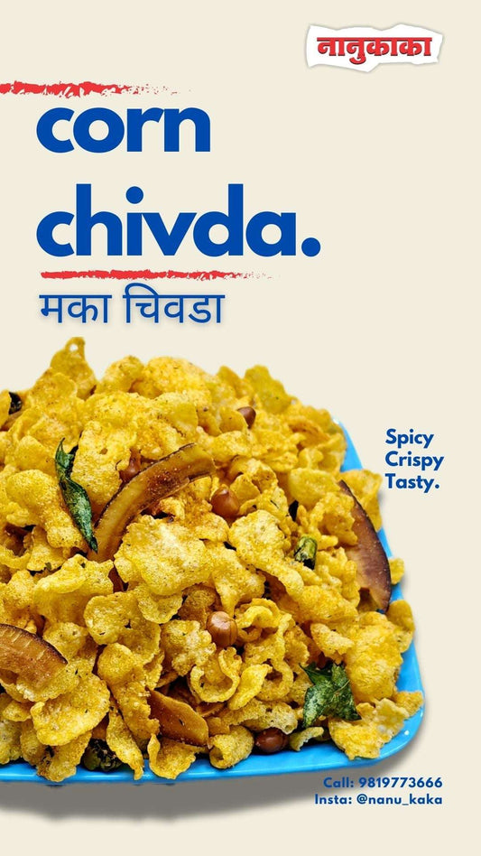 Nanukaka’s Corn Chivda, a spicier corn snack made with natural ingredients and sunflower oil. Nanukaka’s Maka Chivda is crispy, mildly hot, perfect for Ganpati and Diwali in Dombivli, Maharashtra.