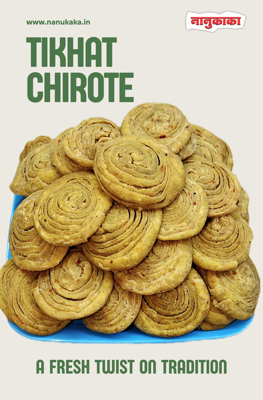 Nanukaka Tikhat Chirote, a crispy, flaky, mildly spicy savory snack made with sunflower oil, free from preservatives, perfect for daily tea time or festivals. Available in Dombivli.