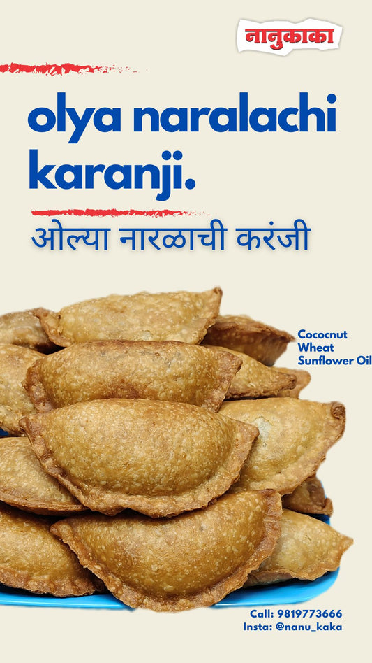 Nanukaka Olya Naralachi Karanji made with fresh grated coconut, jaggery, and hand-rolled wheat cover fried in sunflower oil, traditional Maharashtrian Diwali sweet