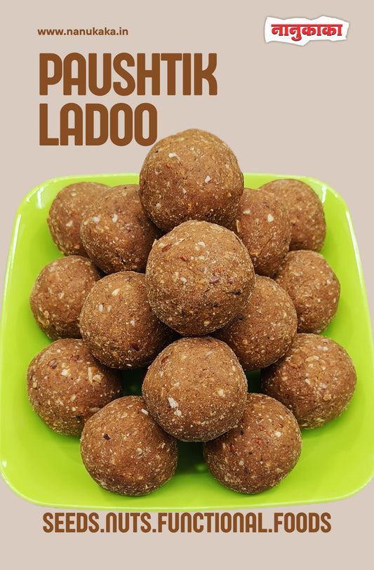 Paushtik Ladoo from Dombivli – made with ghee, jaggery, peanuts & seeds. Rich in fiber, nutrients & taste for health.