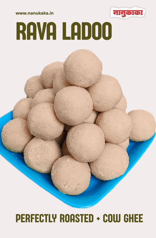 Nanukaka’s Rava Ladoo from Dombivli – suji-based Indian sweet made with roasted semolina, cow ghee, sugar, and cardamom. Ideal for Diwali, gifting, and traditional celebrations.