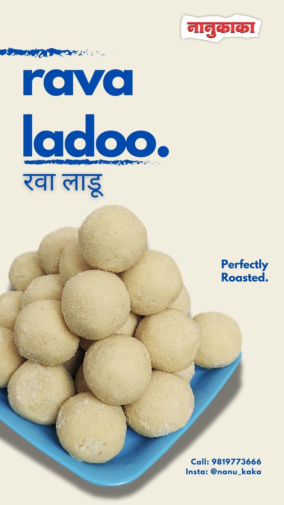 Nanukaka’s Rava Ladoo from Dombivli – suji-based Indian sweet made with roasted semolina, cow ghee, sugar, and cardamom. Ideal for Diwali, gifting, and traditional celebrations.