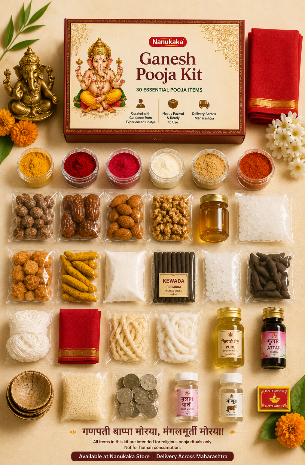 Ganesh Pooja Kit with 30 essential non-perishable pooja items for Ganesh Sthapana and Ganesh Chaturthi by Nanukaka