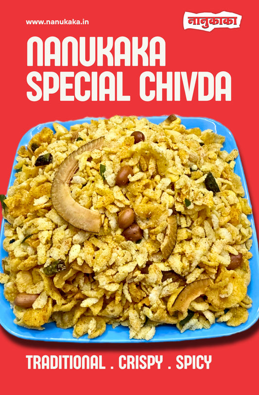 Nanukaka Special Chivda, a crispy spicy traditional snack from Dombivli made with natural ingredients, sunflower oil, and no preservatives.